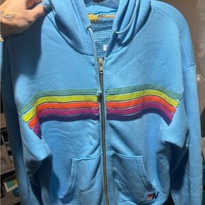 Aviator Nation blue with colored strips zip up hoodie (xsmall)